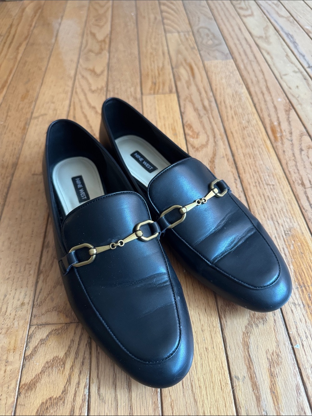Nine West Black Leather Slip-On Loafers with Gold Chain Detail